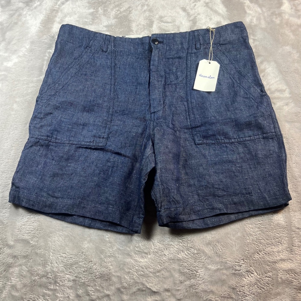 Steven Alan Men's 33 Shorts Indigo Blue Linen Fatigue Patch Pockets Made in USA